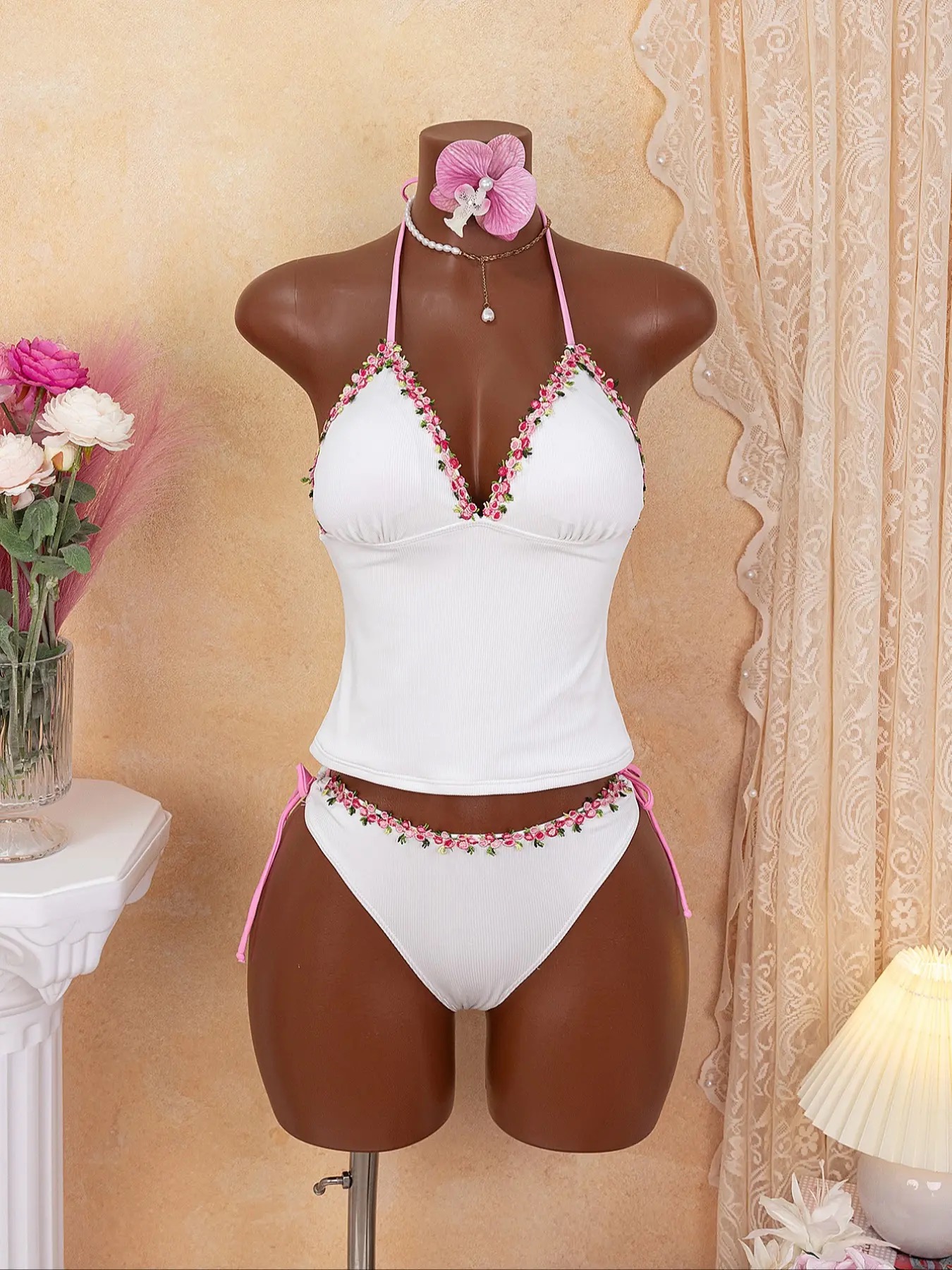 Women's Fashion Tankini Set - Solid-Color Floral Lace Sexy Two-Piece Swimsuit